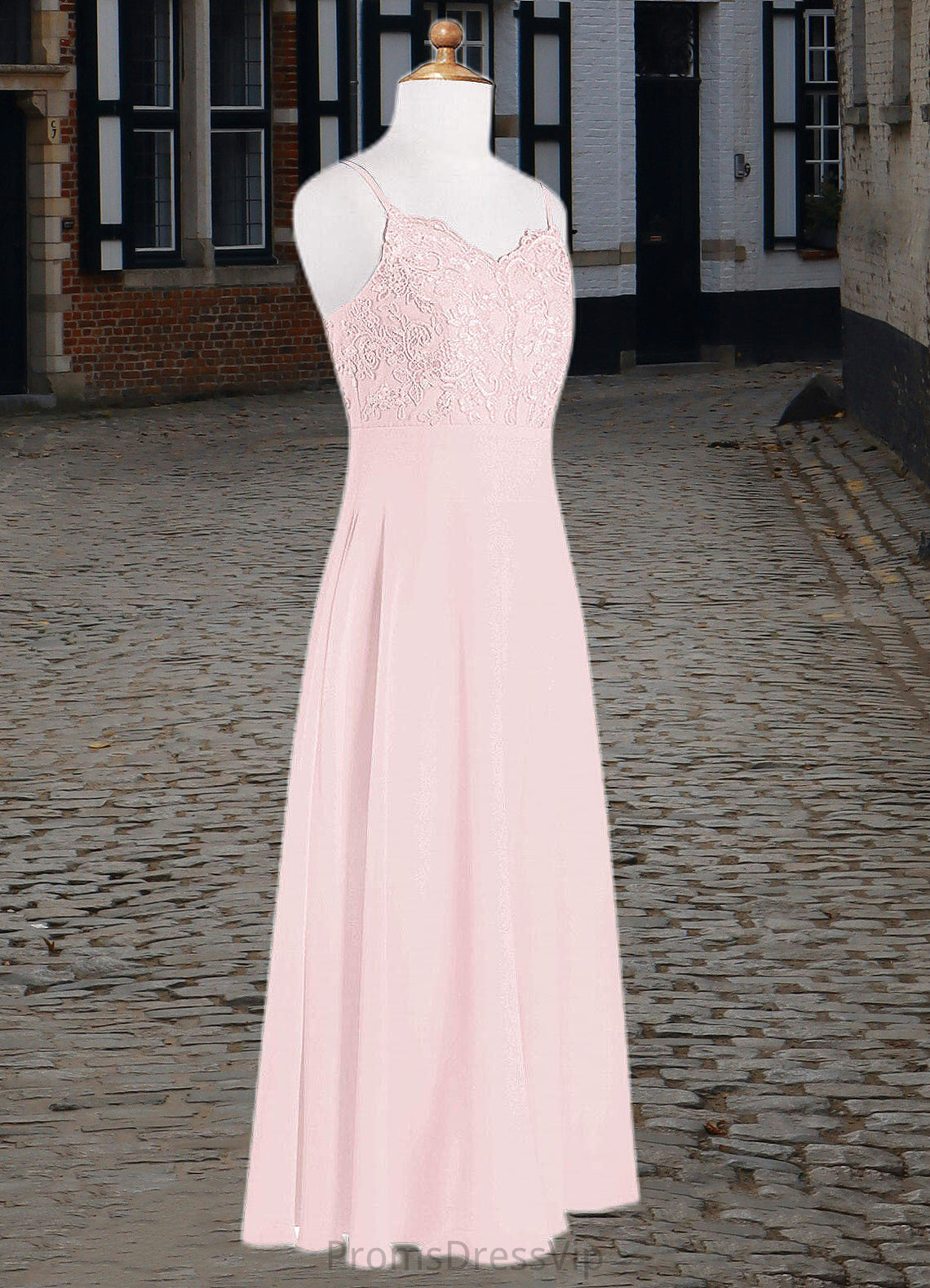 Jaylee A-Line Lace Chiffon Floor-Length Junior Bridesmaid Dress Blushing Pink HLP0022853