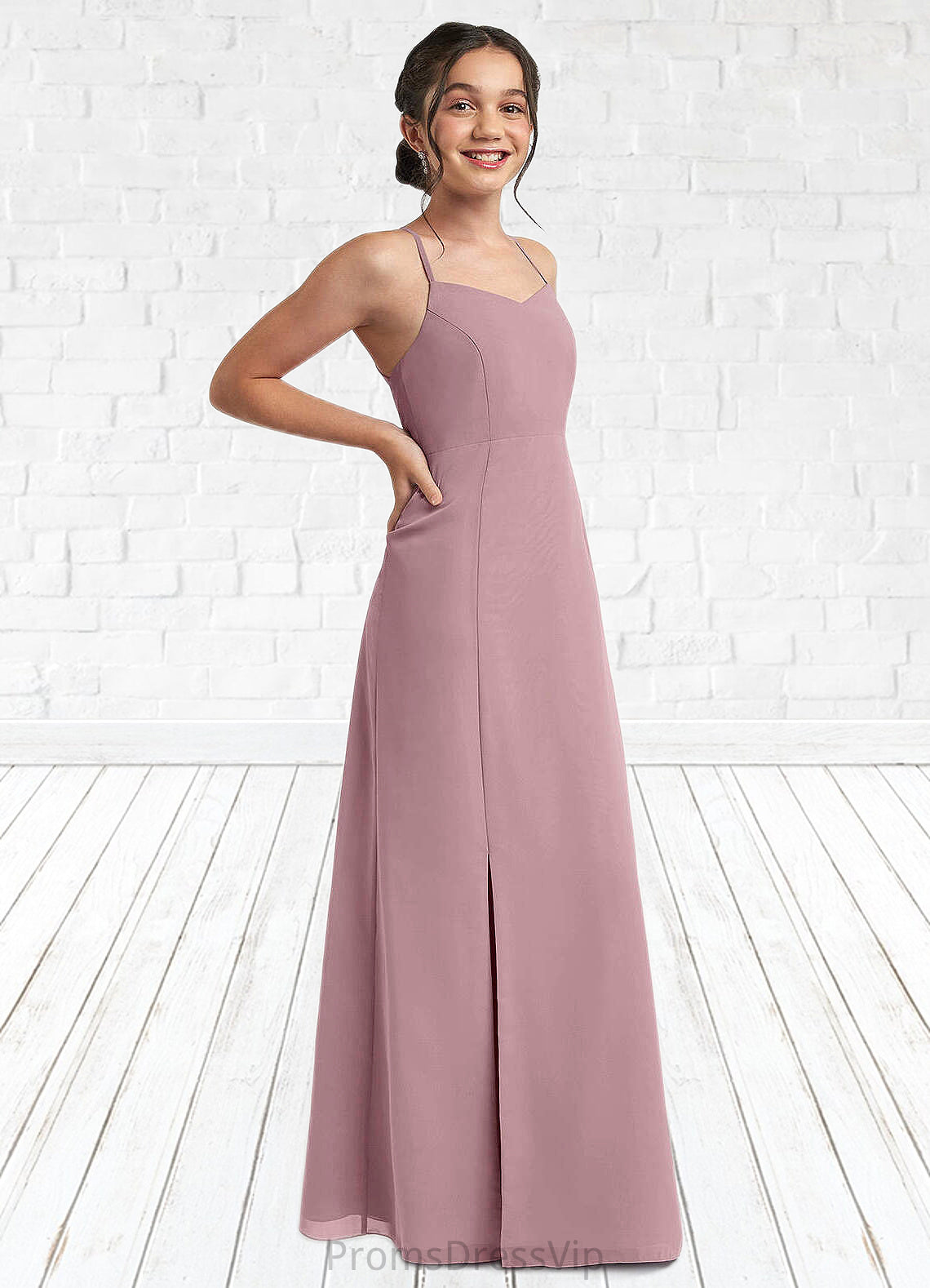 Belinda A-Line Chiffon Floor-Length Junior Bridesmaid Dress dusty rose HLP0022856