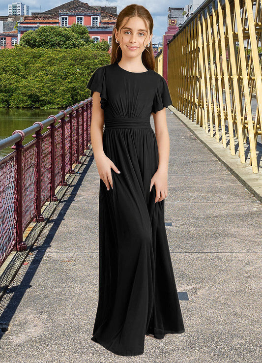 Helga A-Line Ruched Mesh Floor-Length Junior Bridesmaid Dress black HLP0022857