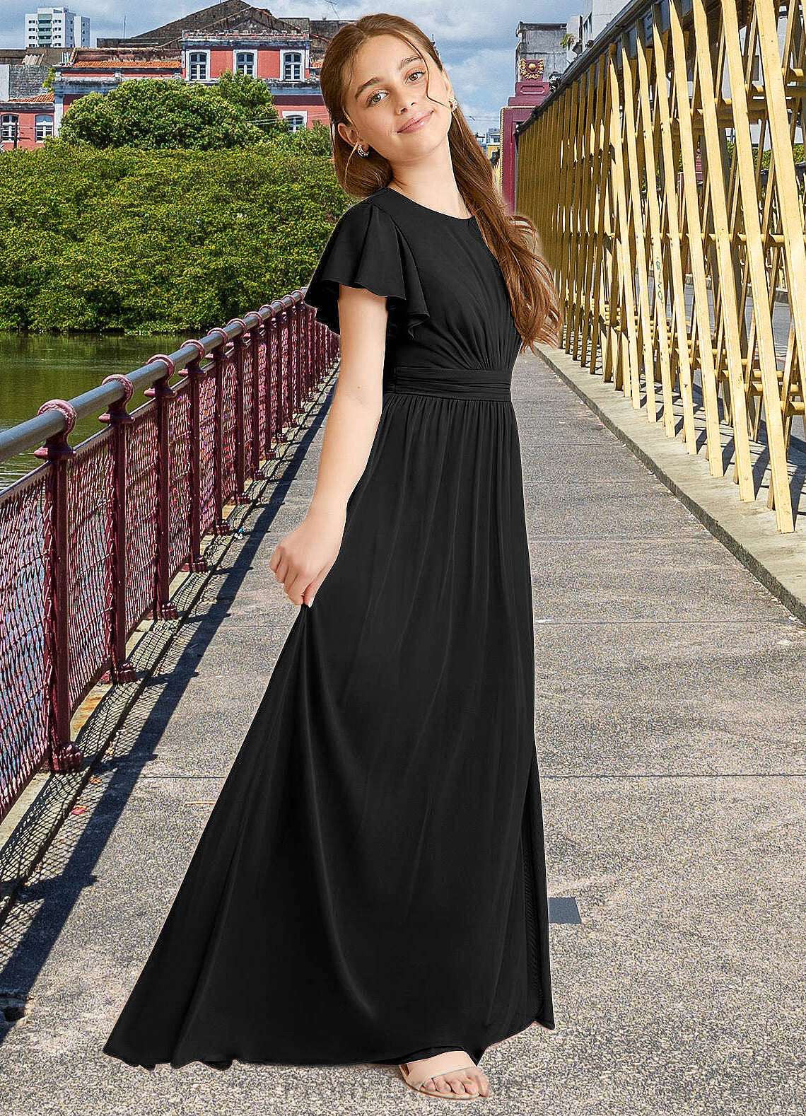 Helga A-Line Ruched Mesh Floor-Length Junior Bridesmaid Dress black HLP0022857