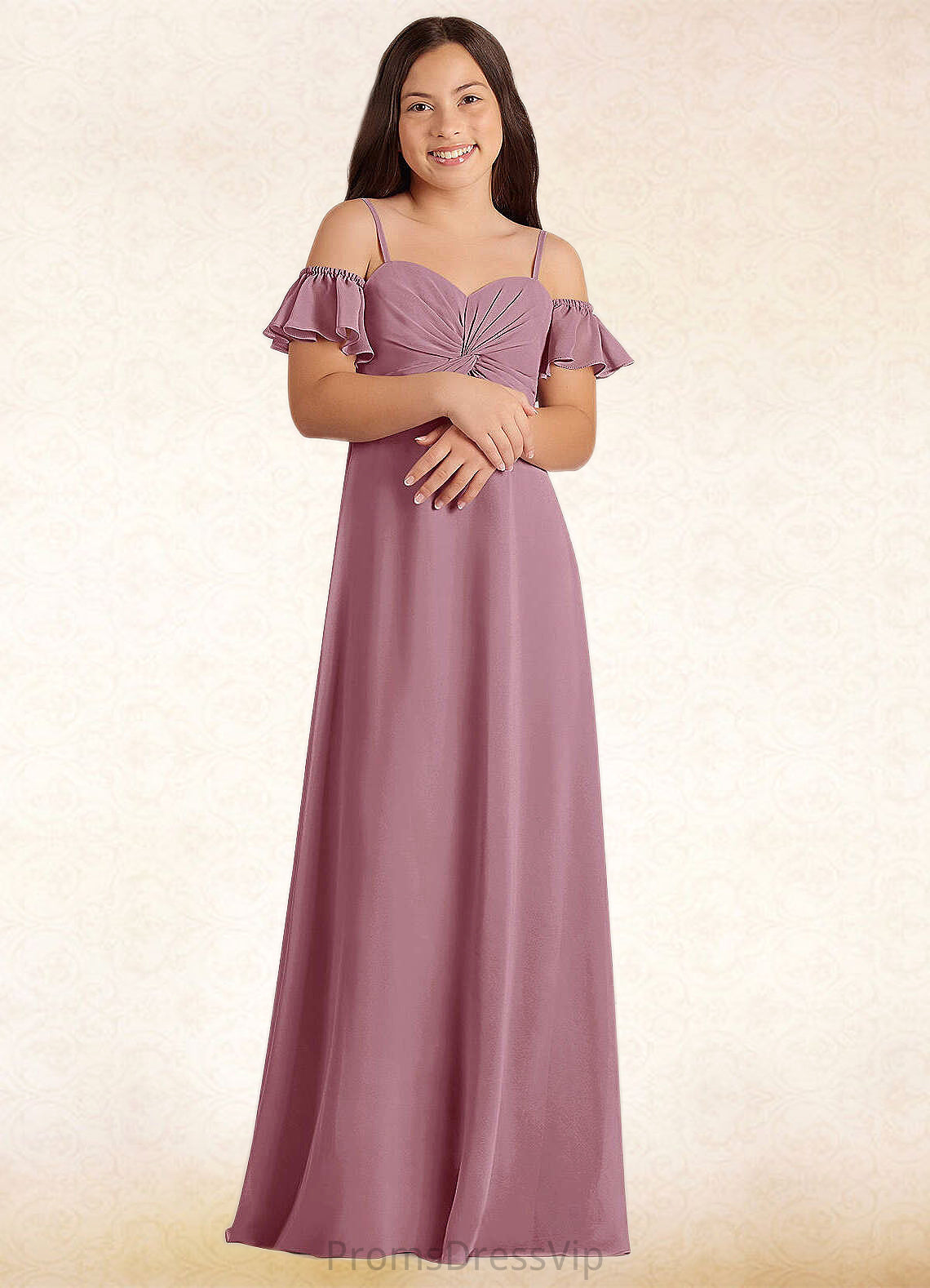 Makenna A-Line Off the Shoulder Chiffon Floor-Length Junior Bridesmaid Dress Vintage Mauve HLP0022859