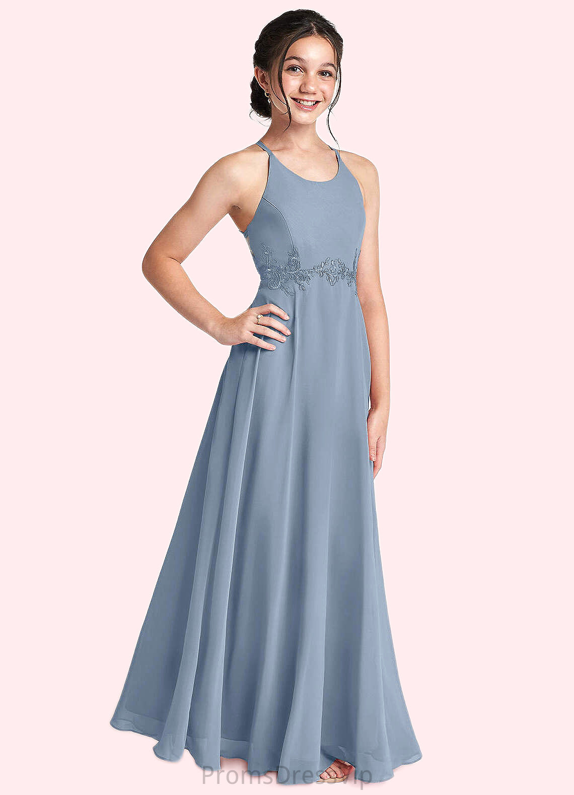 Mireya A-Line Lace Chiffon Floor-Length Junior Bridesmaid Dress dusty blue HLP0022860