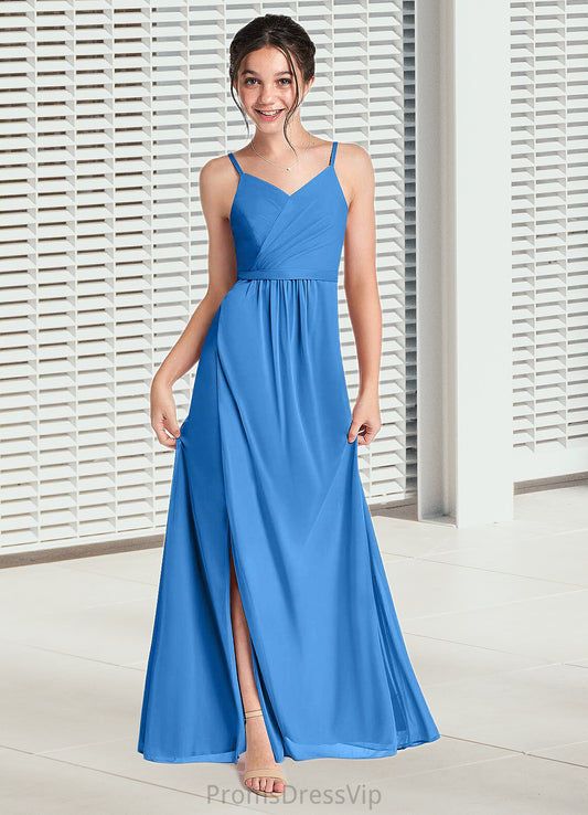 Tianna Pleated Mesh Floor-Length Junior Bridesmaid Dress Blue Jay HLP0022861