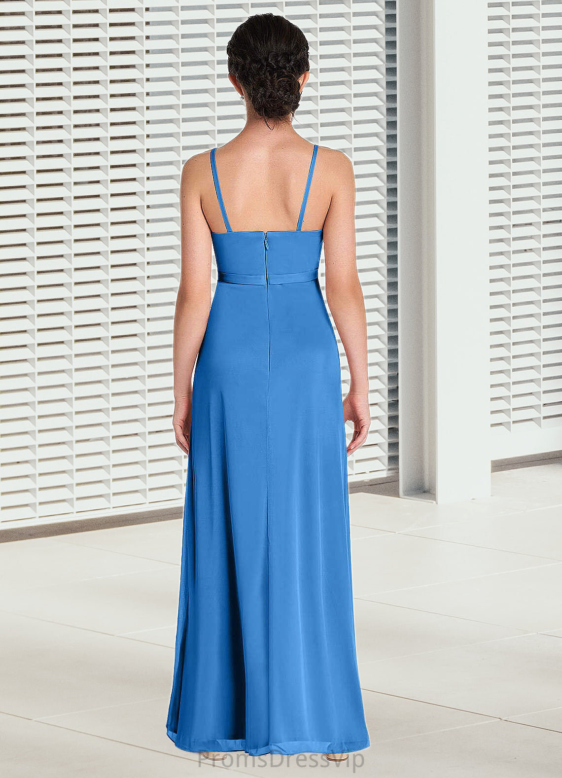 Tianna Pleated Mesh Floor-Length Junior Bridesmaid Dress Blue Jay HLP0022861