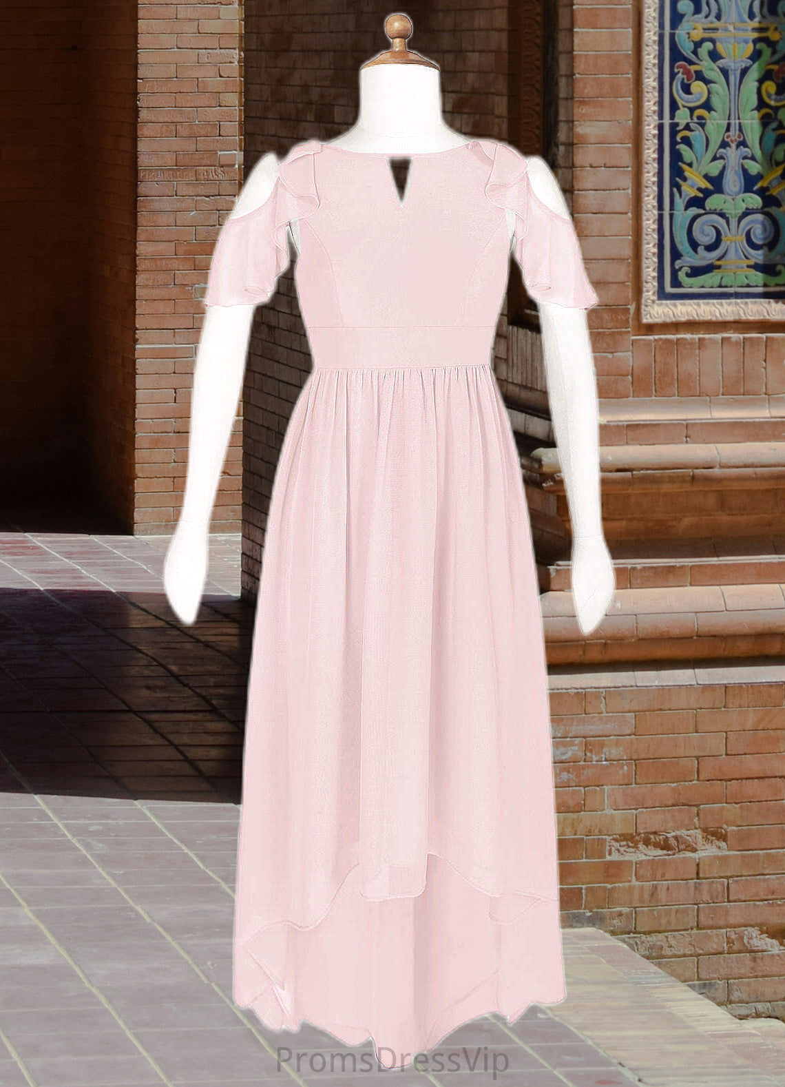Leyla A-Line Ruched Chiffon Asymmetrical Junior Bridesmaid Dress Blushing Pink HLP0022862