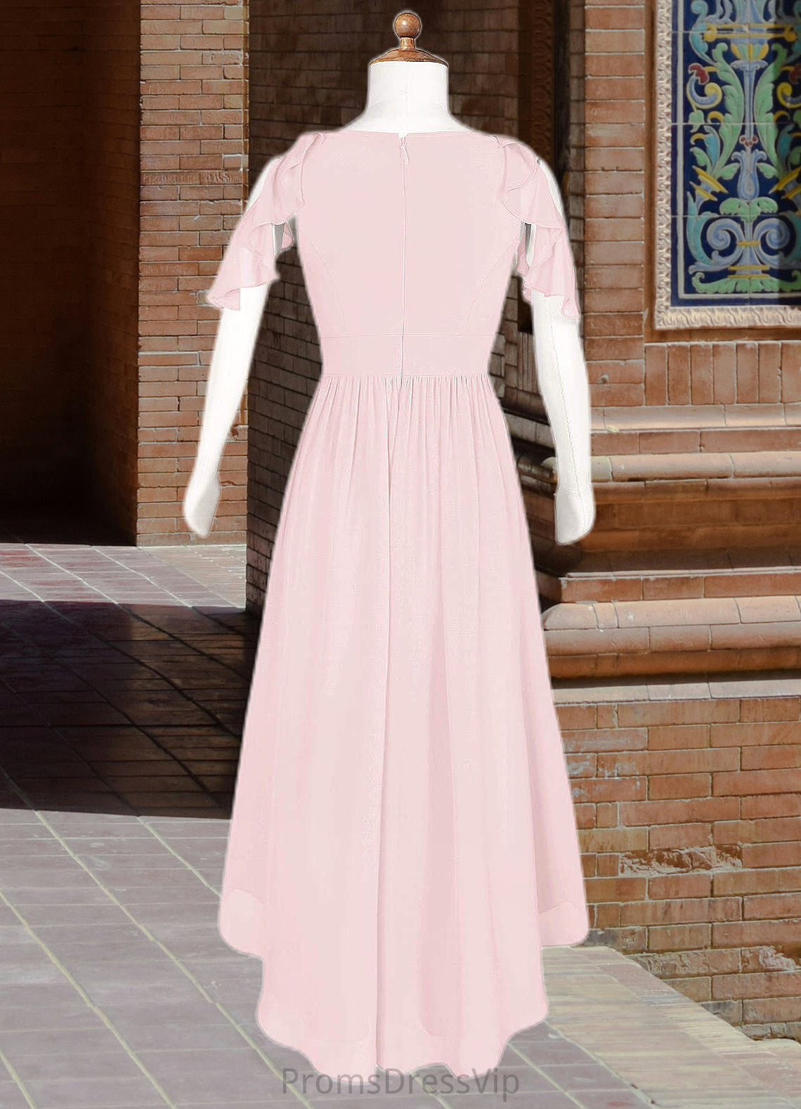 Leyla A-Line Ruched Chiffon Asymmetrical Junior Bridesmaid Dress Blushing Pink HLP0022862