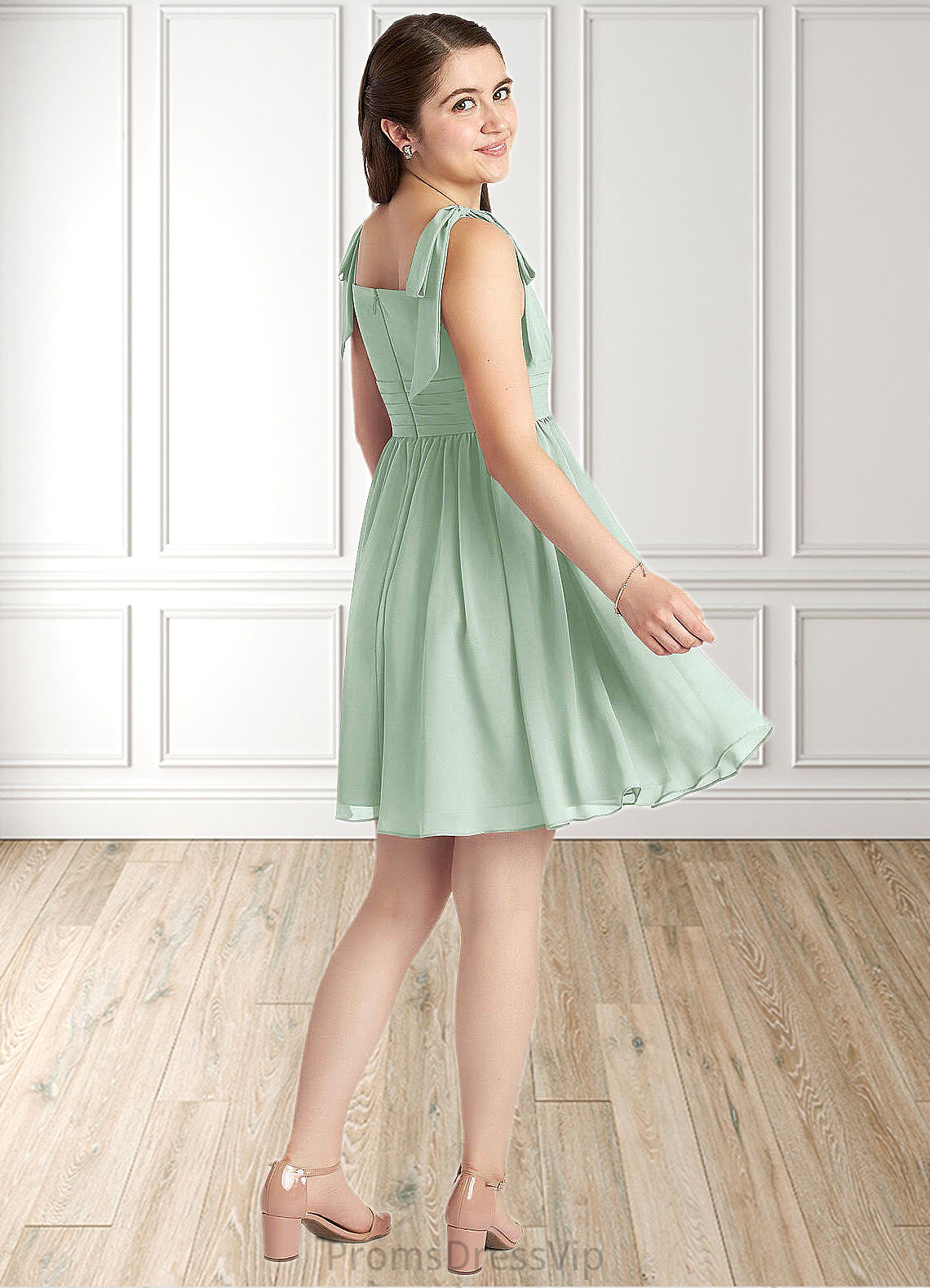 Val A-Line Pleated Chiffon Mini Junior Bridesmaid Dress Agave HLP0022864