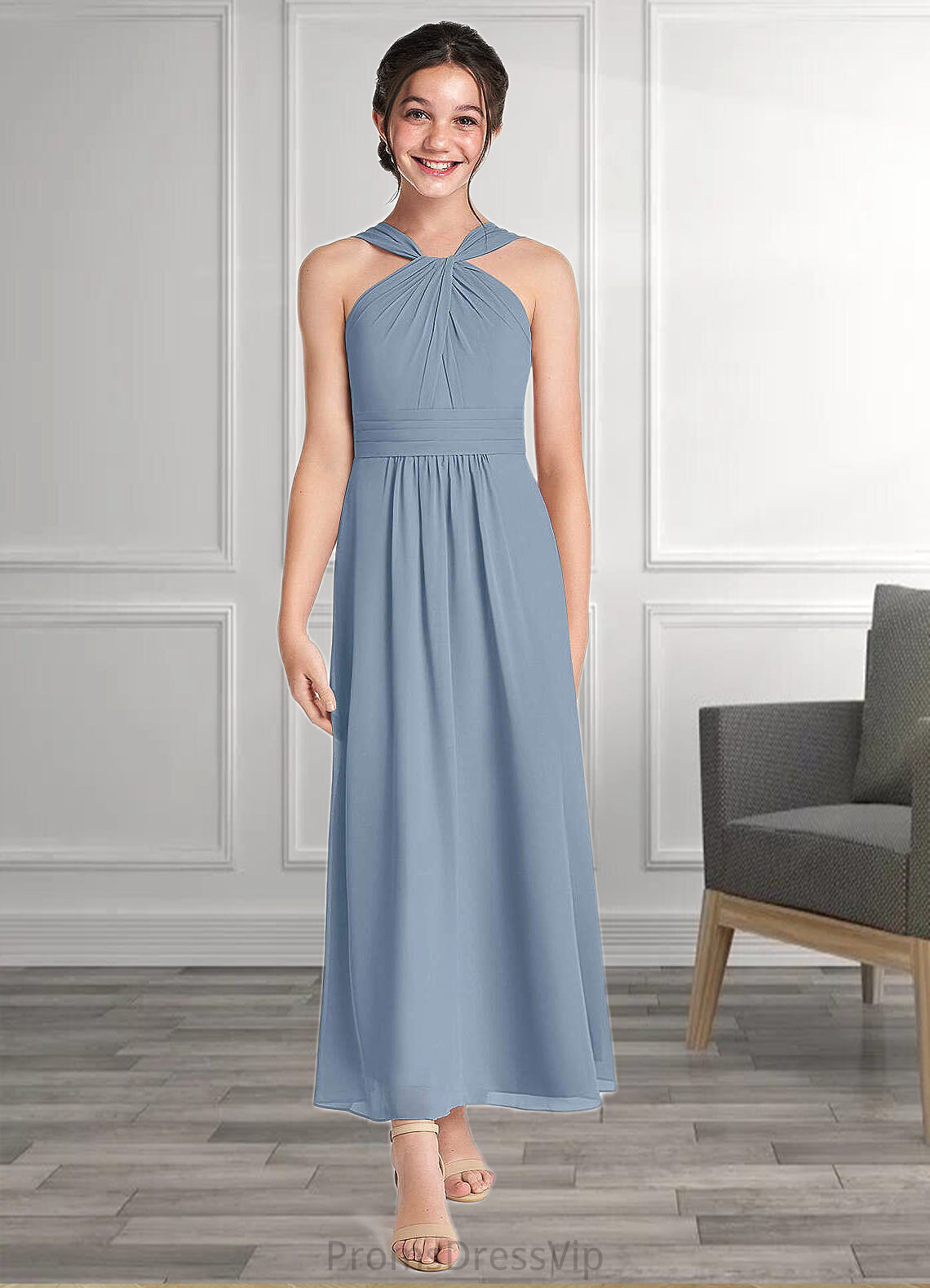 Keira A-Line Pleated Chiffon Ankle-Length Junior Bridesmaid Dress dusty blue HLP0022866