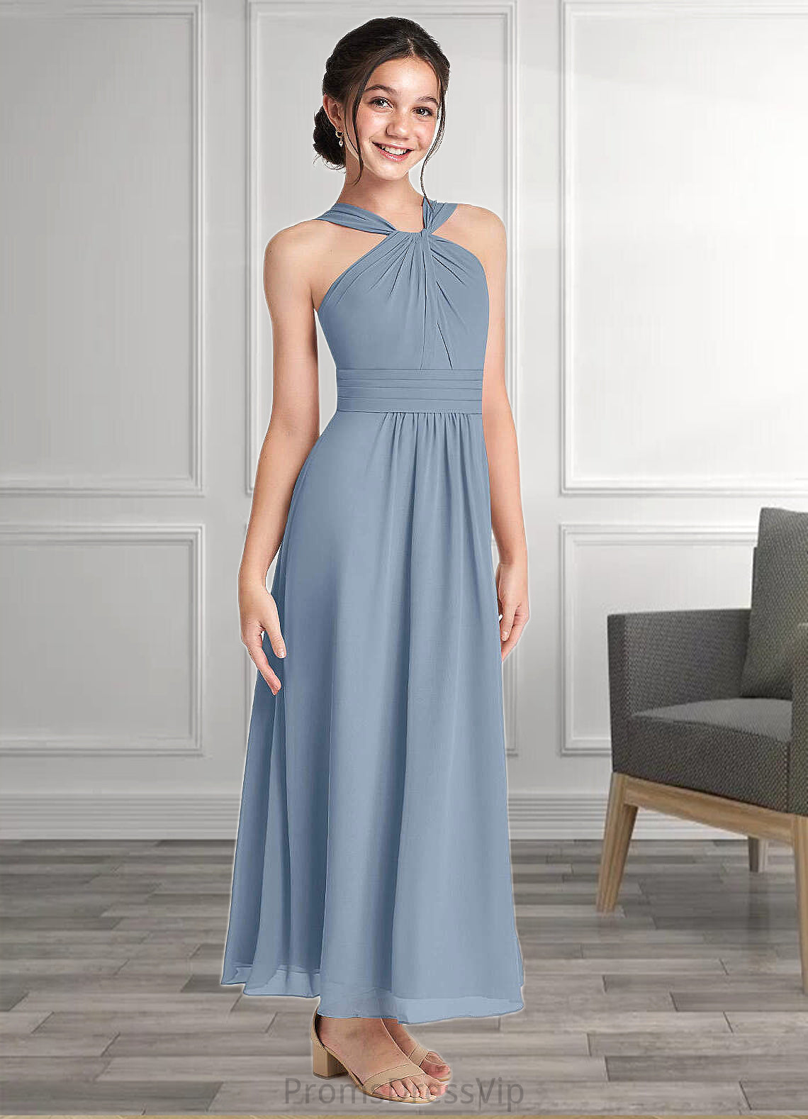 Keira A-Line Pleated Chiffon Ankle-Length Junior Bridesmaid Dress dusty blue HLP0022866