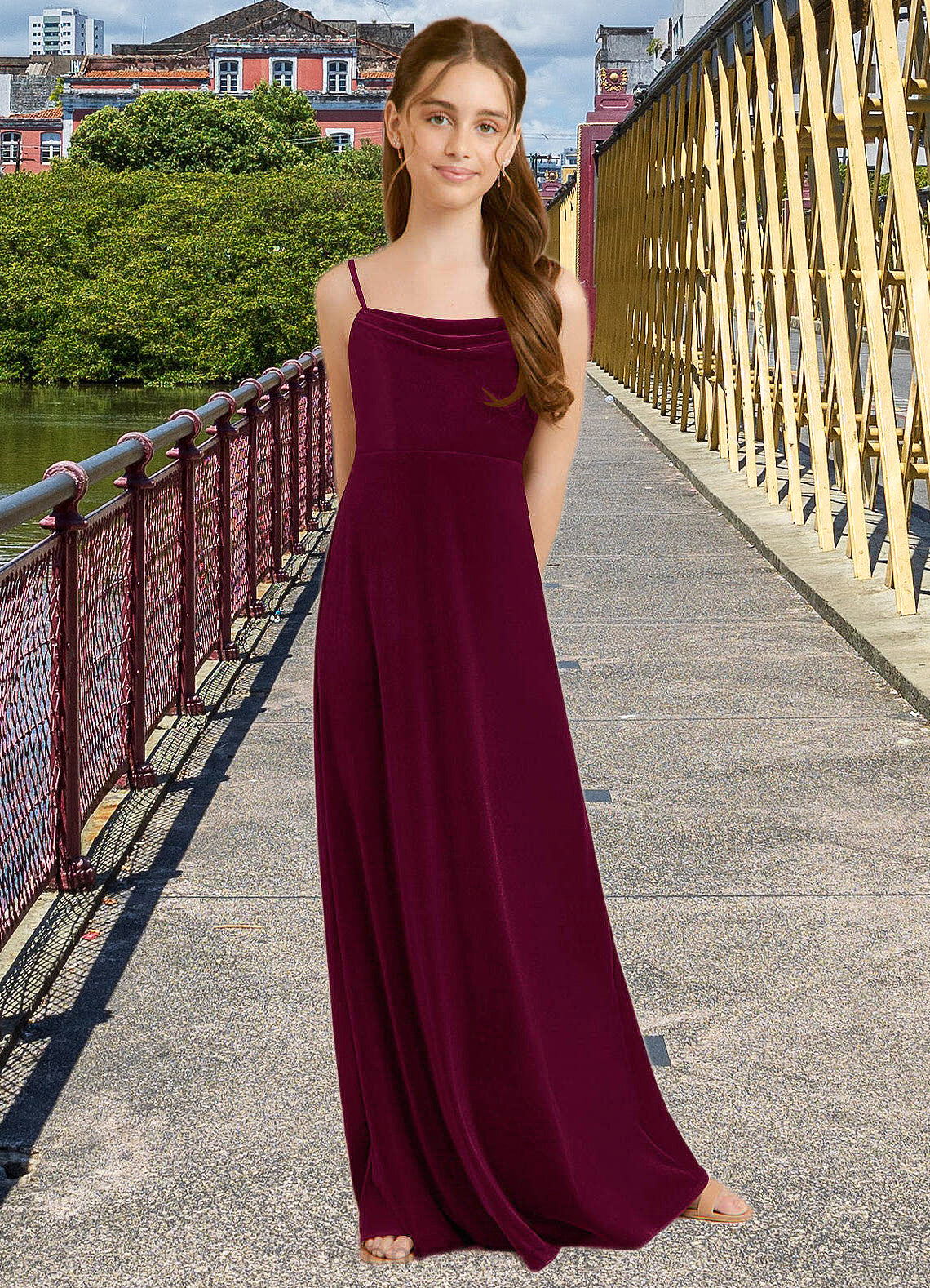 Libby A-Line Velvet Floor-Length Junior Bridesmaid Dress Cabernet HLP0022870