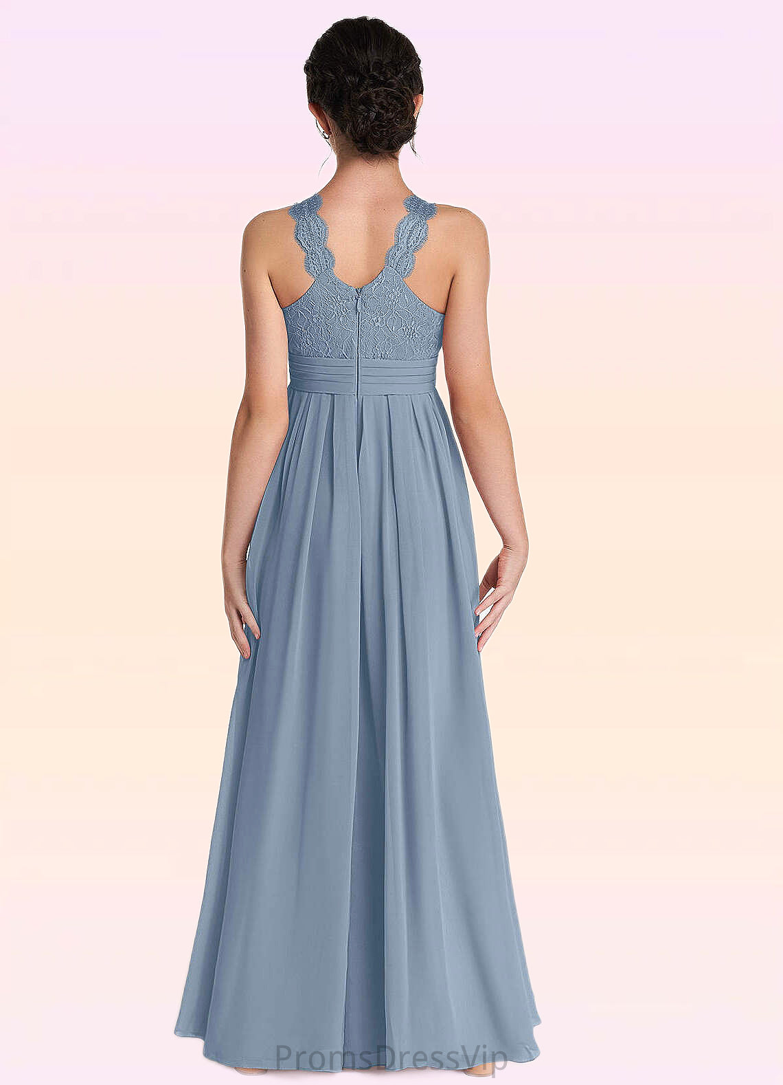 Yareli A-Line Lace Chiffon Floor-Length Junior Bridesmaid Dress dusty blue HLP0022871