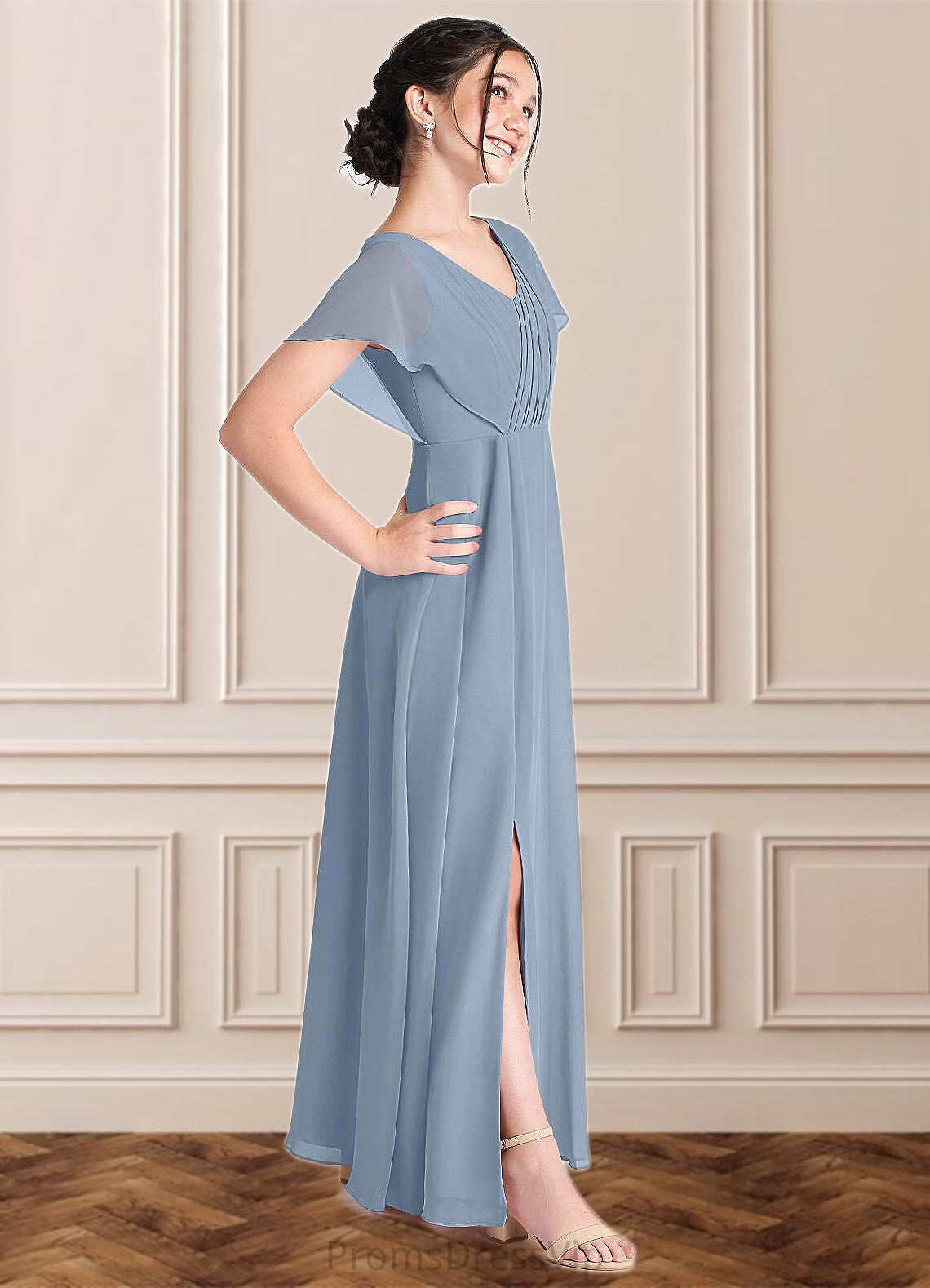 Mila A-Line Ruched Chiffon Floor-Length Junior Bridesmaid Dress dusty blue HLP0022872