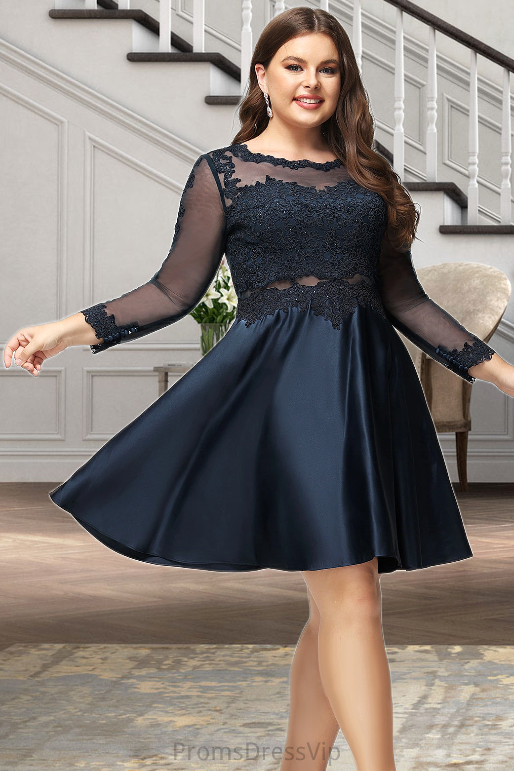 Aubrey A-line Scoop Short/Mini Lace Satin Homecoming Dress HLP0020494