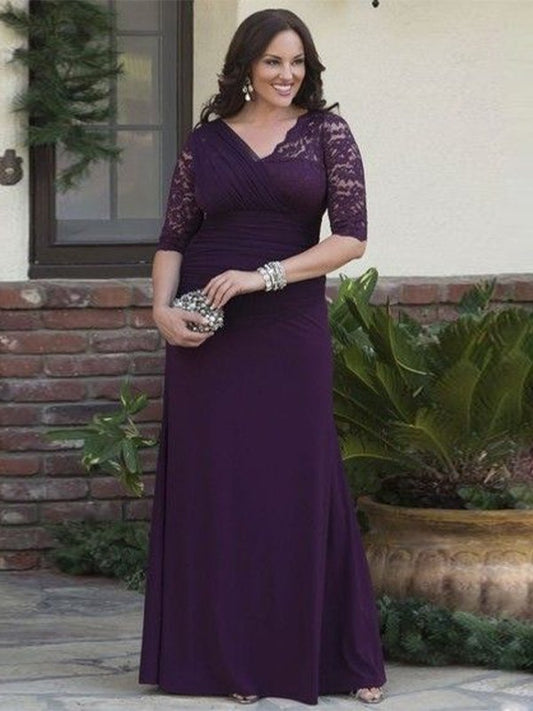 Hannah A-Line/Princess Satin Lace V-neck 1/2 Sleeves Floor-Length Mother of the Bride Dresses HLP0020382