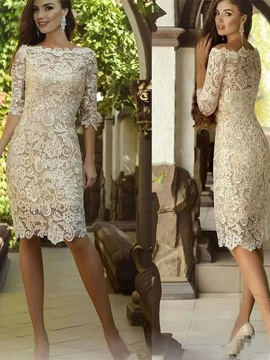 Casey Sheath/Column Lace Applique Off-the-Shoulder 3/4 Sleeves Knee-Length Mother of the Bride Dresses HLP0020398