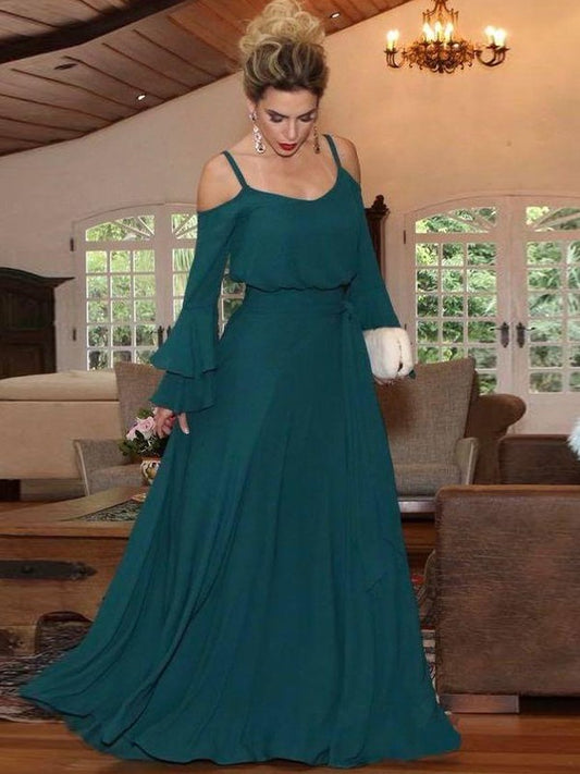 Riley A-Line/Princess Chiffon Ruffles Square Long Sleeves Floor-Length Mother of the Bride Dresses HLP0020433