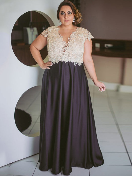 Erica A-Line/Princess Satin Lace V-neck Short Sleeves Floor-Length Mother of the Bride Dresses HLP0020374