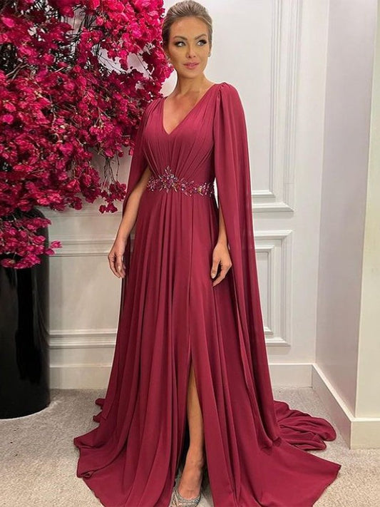Emily A-Line/Princess Chiffon Ruched V-neck Long Sleeves Court Train Mother of the Bride Dresses HLP0020287