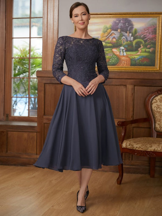 Nora A-Line/Princess Chiffon Lace Scoop 3/4 Sleeves Tea-Length Mother of the Bride Dresses HLP0020347