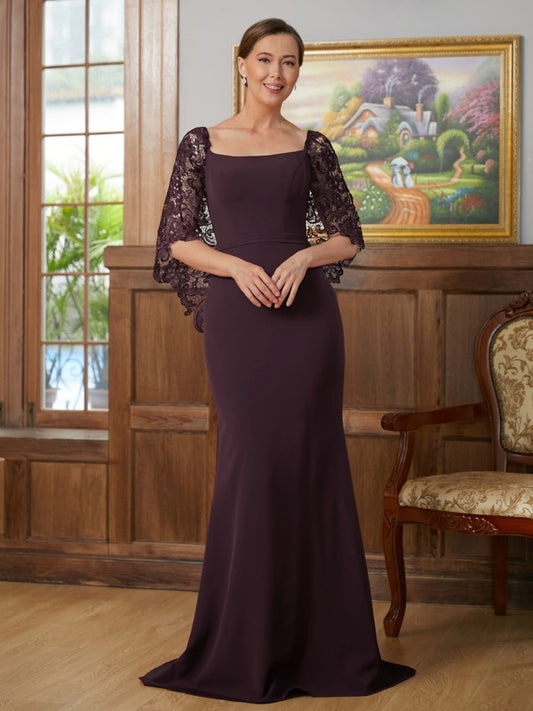Sofia Sheath/Column Stretch Crepe Lace Square 1/2 Sleeves Sweep/Brush Train Mother of the Bride Dresses HLP0020329