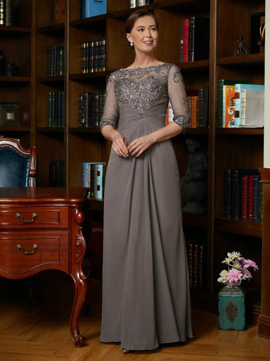 Savannah A-Line/Princess Chiffon Applique Scoop 3/4 Sleeves Floor-Length Mother of the Bride Dresses HLP0020303