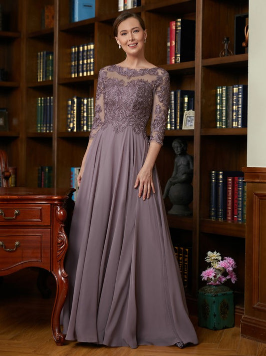 Kailyn A-Line/Princess Chiffon Lace Scoop 3/4 Sleeves Floor-Length Mother of the Bride Dresses HLP0020301