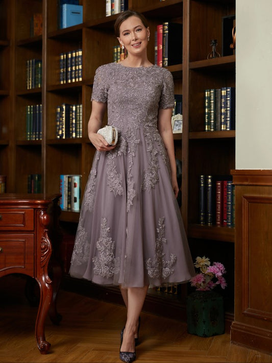 Janice A-Line/Princess Chiffon Lace Scoop Short Sleeves Tea-Length Mother of the Bride Dresses HLP0020302