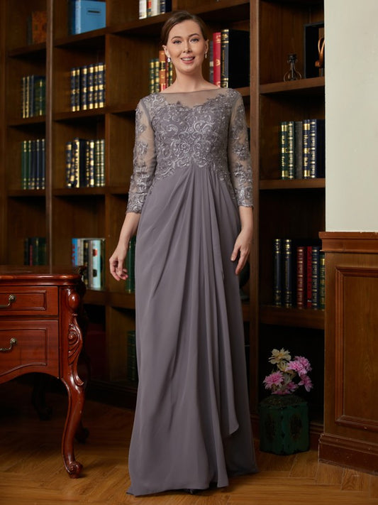 Serenity A-Line/Princess Chiffon Lace Scoop 3/4 Sleeves Floor-Length Mother of the Bride Dresses HLP0020341