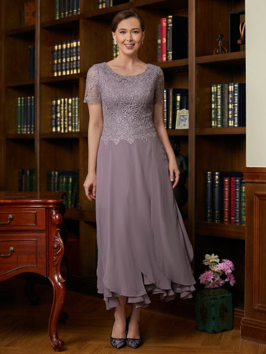 Elise A-Line/Princess Chiffon Lace Scoop Short Sleeves Ankle-Length Mother of the Bride Dresses HLP0020353