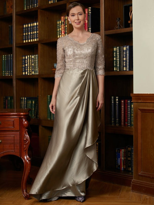 India A-Line/Princess Silk Like Satin Lace V-neck 3/4 Sleeves Sweep/Brush Train Mother of the Bride Dresses HLP0020342