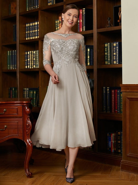 Robin A-Line/Princess Chiffon Lace Scoop 3/4 Sleeves Tea-Length Mother of the Bride Dresses HLP0020300