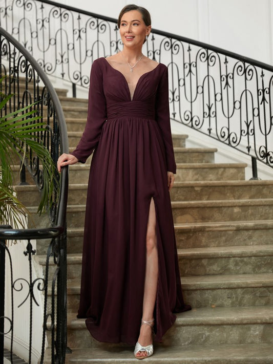 Zara A-Line/Princess Chiffon Ruched V-neck Long Sleeves Floor-Length Mother of the Bride Dresses HLP0020345
