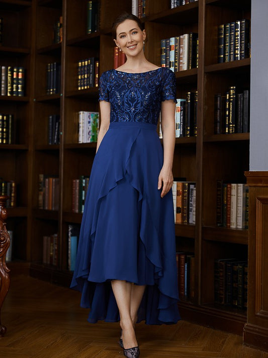 Rebekah A-Line/Princess Chiffon Applique Bateau Short Sleeves Asymmetrical Mother of the Bride Dresses HLP0020281