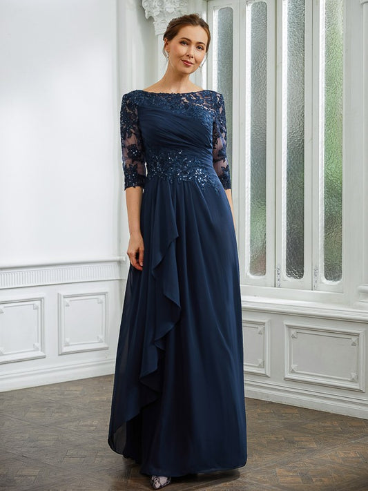 Elvira A-Line/Princess Chiffon Applique Bateau 3/4 Sleeves Floor-Length Mother of the Bride Dresses HLP0020276