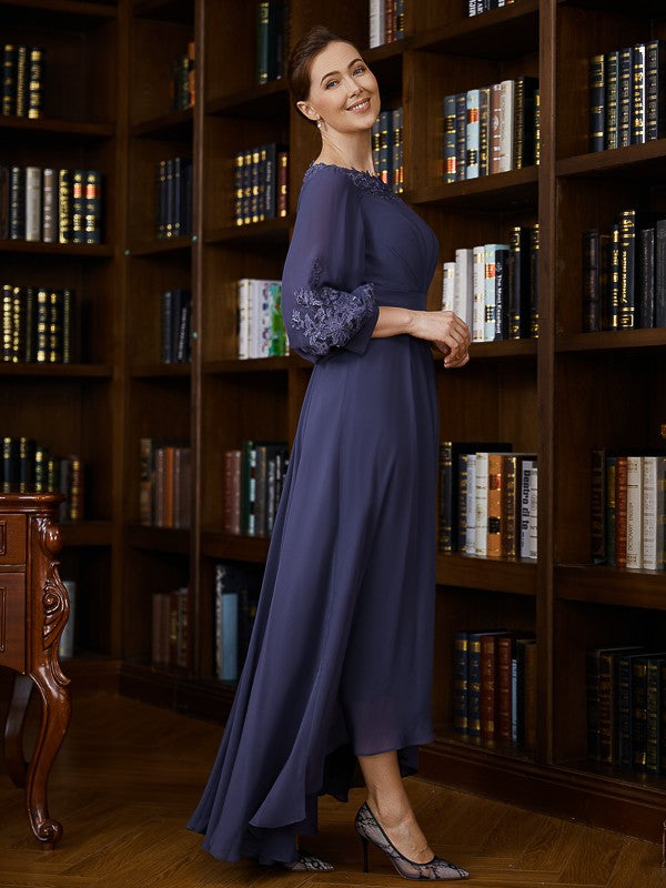 Naomi A-Line/Princess Chiffon Ruched Bateau 3/4 Sleeves Asymmetrical Mother of the Bride Dresses HLP0020265
