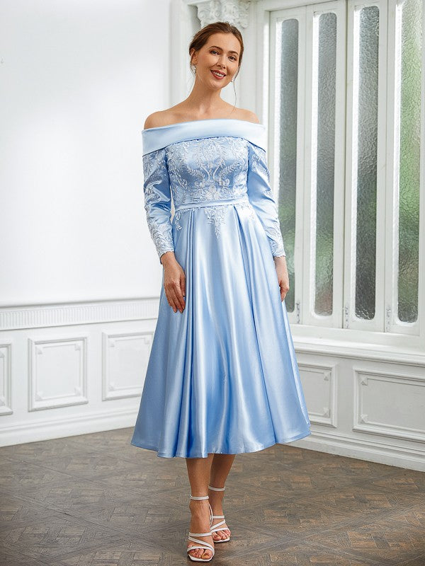 Yvonne A-Line/Princess Elastic Woven Satin Ruched Off-the-Shoulder Long Sleeves Tea-Length Mother of the Bride Dresses HLP0020269