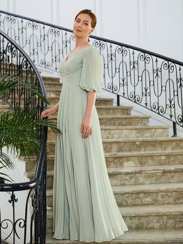 Savannah A-Line/Princess Chiffon Ruched V-neck 1/2 Sleeves Floor-Length Mother of the Bride Dresses HLP0020271