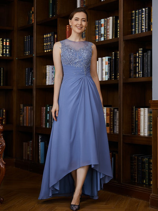 Clara A-Line/Princess Chiffon Applique Scoop Sleeveless Asymmetrical Mother of the Bride Dresses HLP0020257