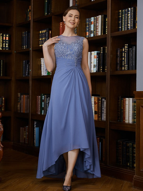Clara A-Line/Princess Chiffon Applique Scoop Sleeveless Asymmetrical Mother of the Bride Dresses HLP0020257