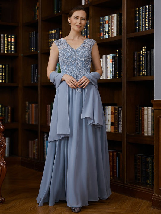 Kassidy A-Line/Princess Chiffon Applique V-neck Sleeveless Floor-Length Mother of the Bride Dresses HLP0020259