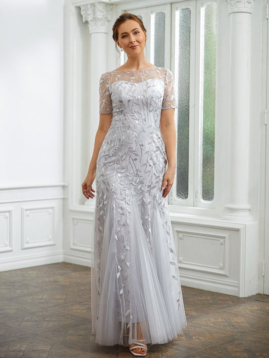 Evie A-Line/Princess Tulle Ruched Bateau Short Sleeves Ankle-Length Mother of the Bride Dresses HLP0020261