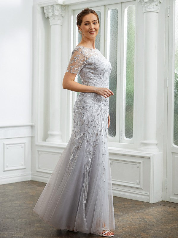 Evie A-Line/Princess Tulle Ruched Bateau Short Sleeves Ankle-Length Mother of the Bride Dresses HLP0020261