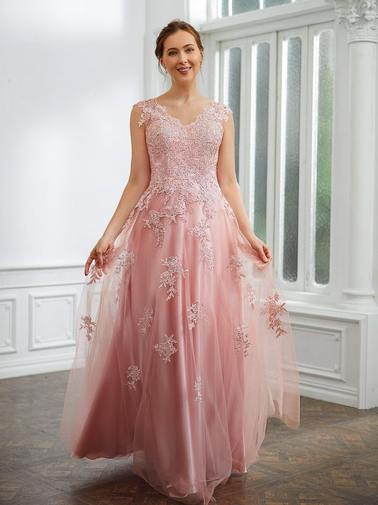 Caitlin A-Line/Princess Tulle Applique V-neck Sleeveless Floor-Length Dresses HLP0020264