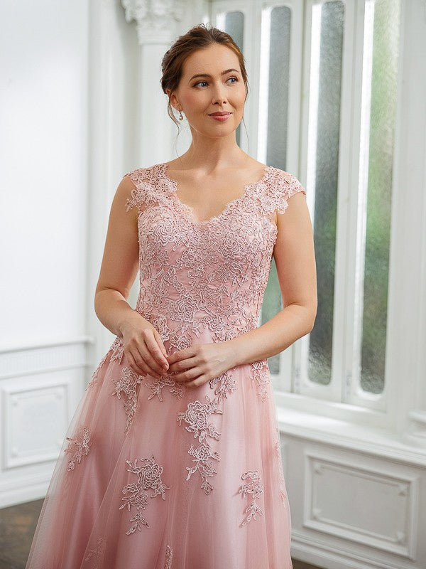 Caitlin A-Line/Princess Tulle Applique V-neck Sleeveless Floor-Length Dresses HLP0020264