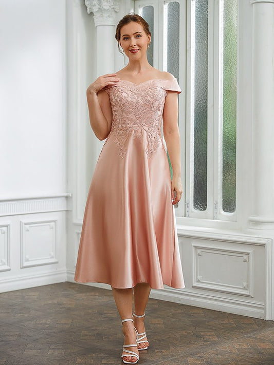 Zoe A-Line/Princess Satin Applique Off-the-Shoulder Sleeveless Tea-Length Mother of the Bride Dresses HLP0020255