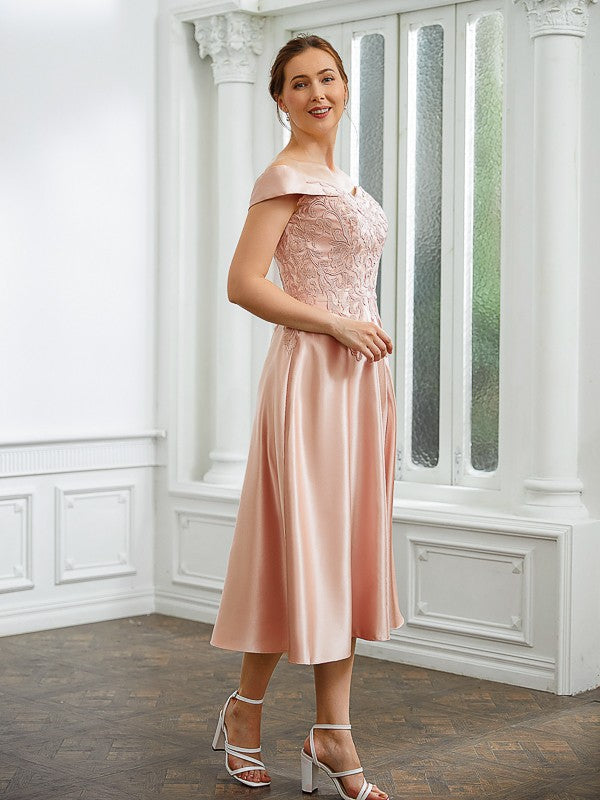 Zoe A-Line/Princess Satin Applique Off-the-Shoulder Sleeveless Tea-Length Mother of the Bride Dresses HLP0020255
