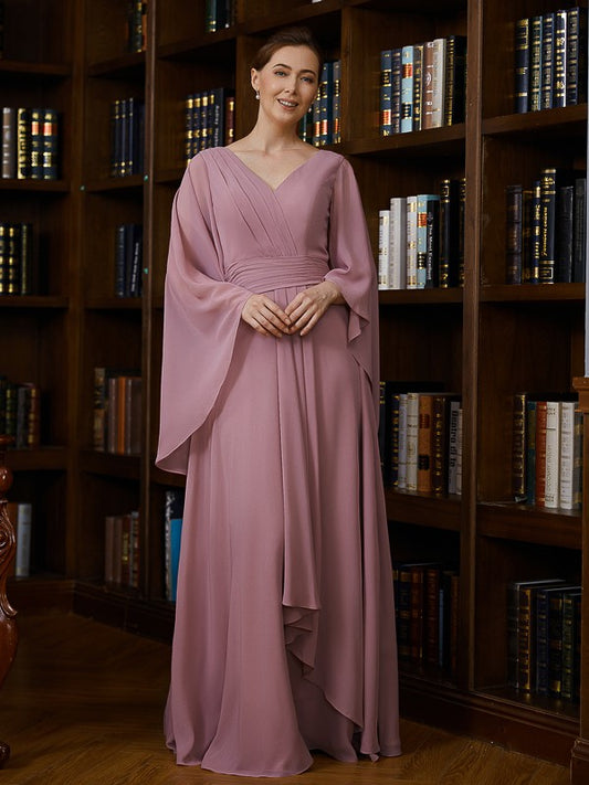 Maisie A-Line/Princess Chiffon Ruched V-neck 3/4 Sleeves Floor-Length Mother of the Bride Dresses HLP0020251