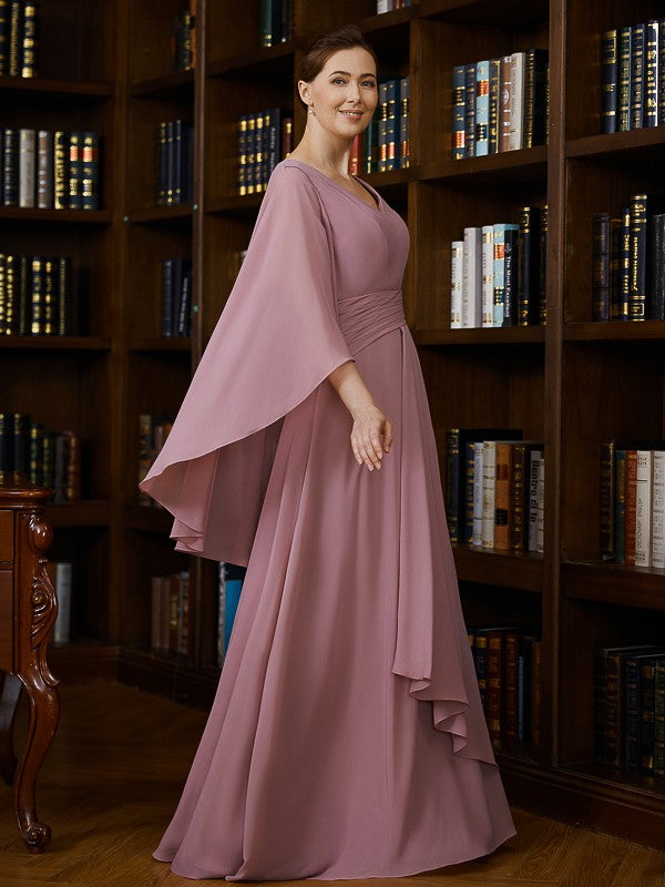 Maisie A-Line/Princess Chiffon Ruched V-neck 3/4 Sleeves Floor-Length Mother of the Bride Dresses HLP0020251