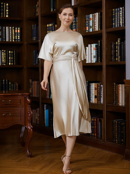 Evangeline Sheath/Column Elastic Woven Satin Ruched Scoop Short Sleeves Tea-Length Mother of the Bride Dresses HLP0020242