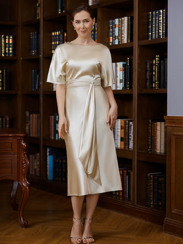 Evangeline Sheath/Column Elastic Woven Satin Ruched Scoop Short Sleeves Tea-Length Mother of the Bride Dresses HLP0020242